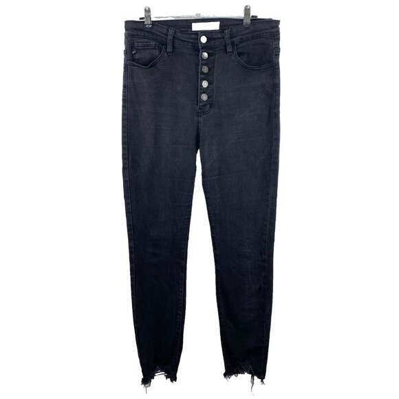 KanCan Jeans Size 28 Bianca High Rise Exposed Button Fly Raw Hem Black Denim - Picture 1 of 5